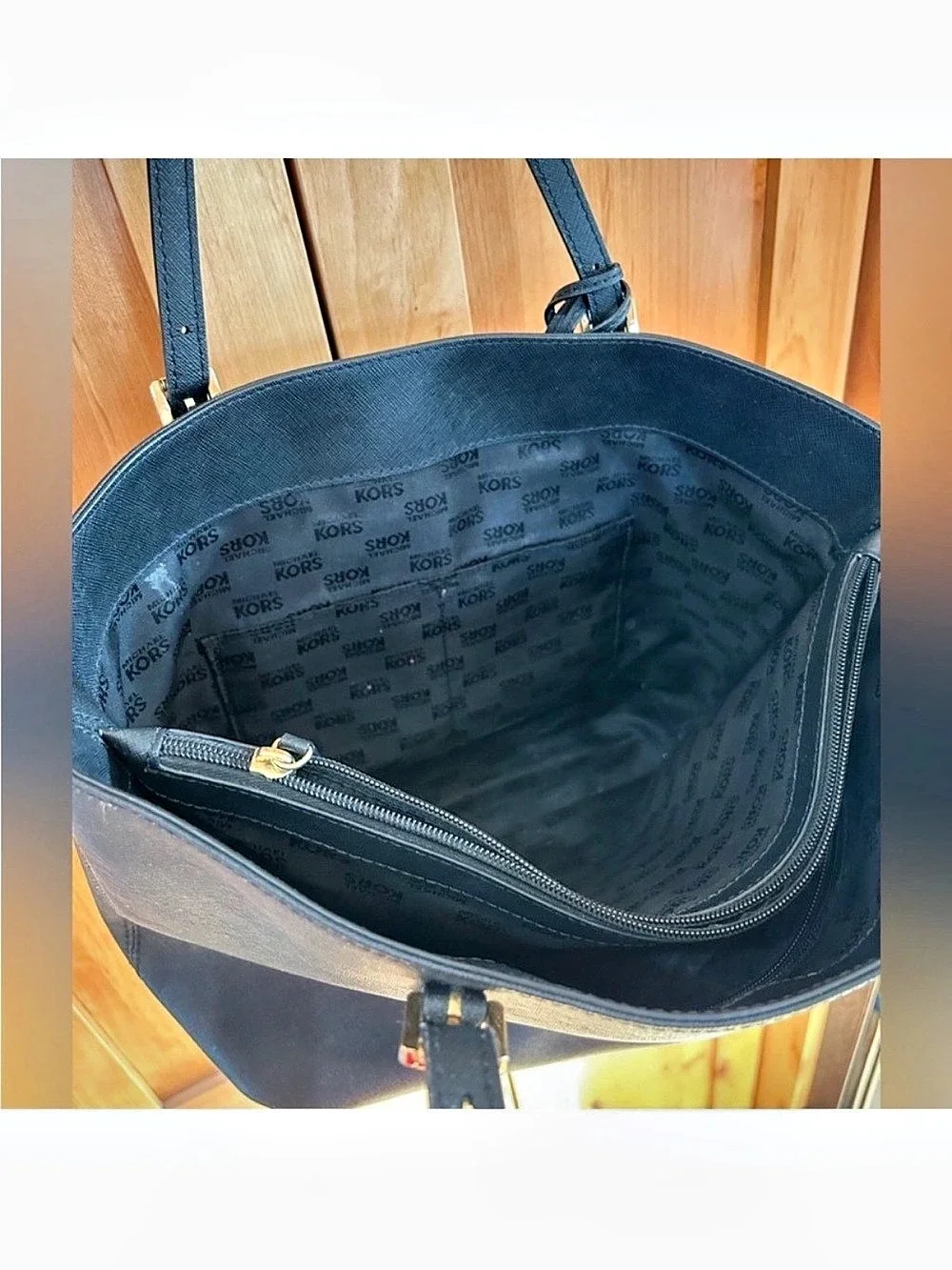 Michael Kors black Jet Set large Saffiano Leather Pocket Tote bag purse